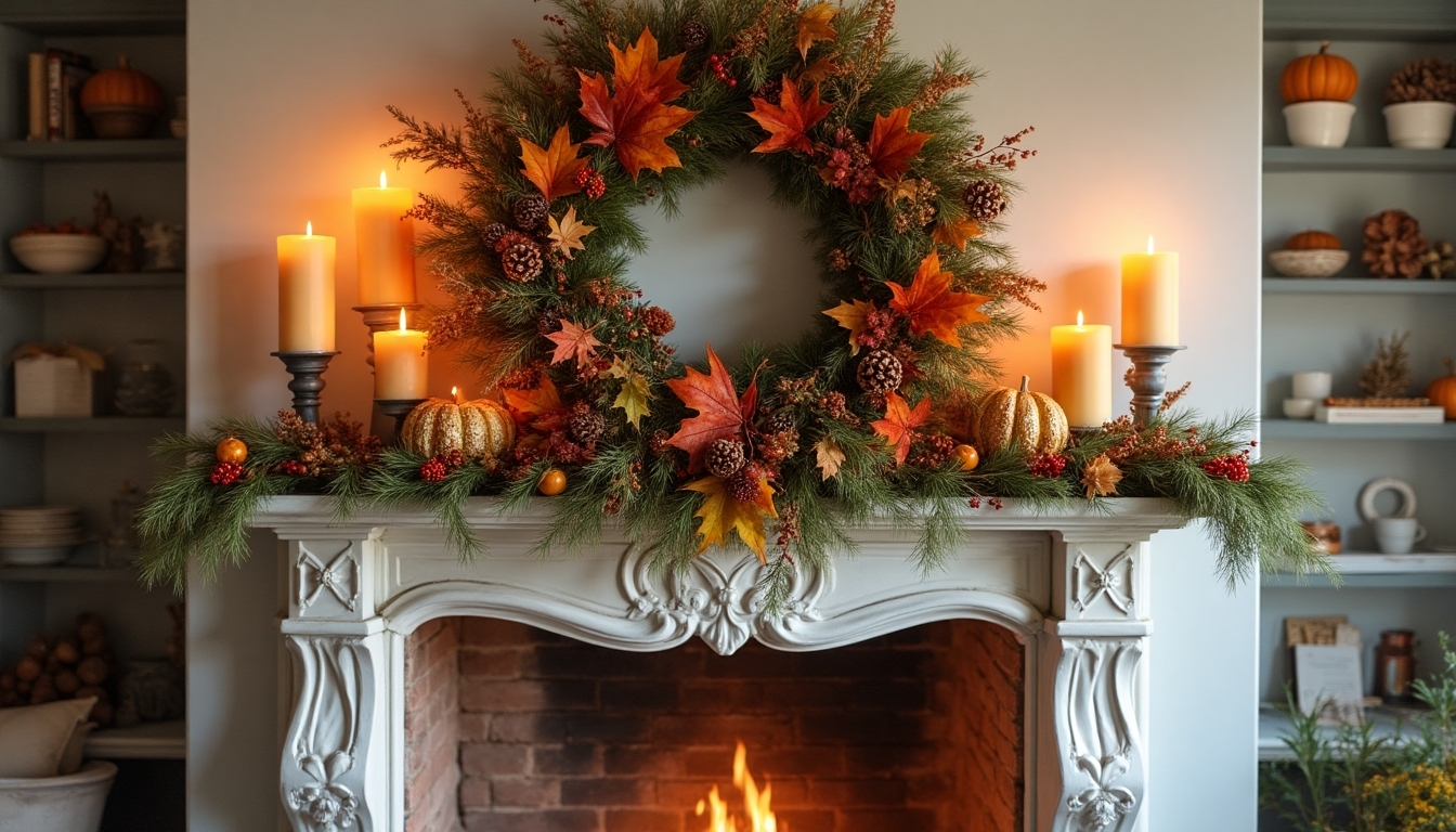 autumn botanical fireplace decor
