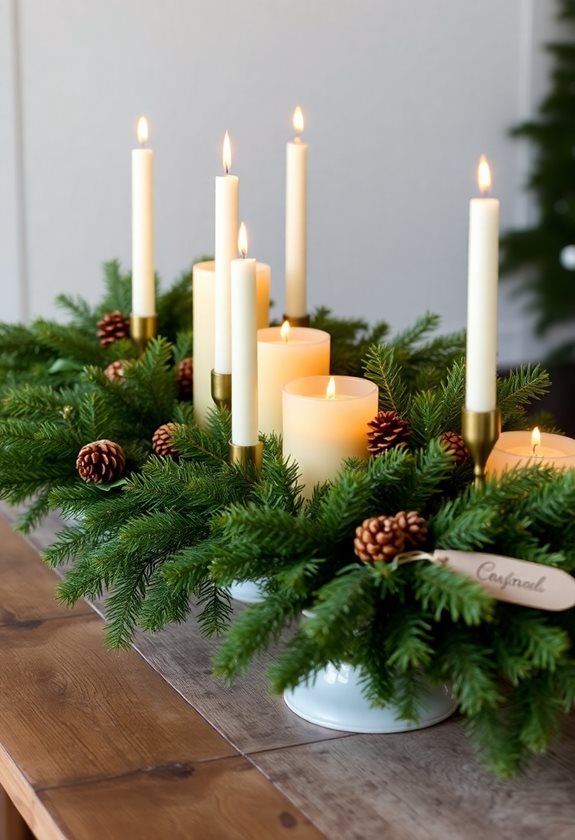 candlelit greenery holiday centerpiece