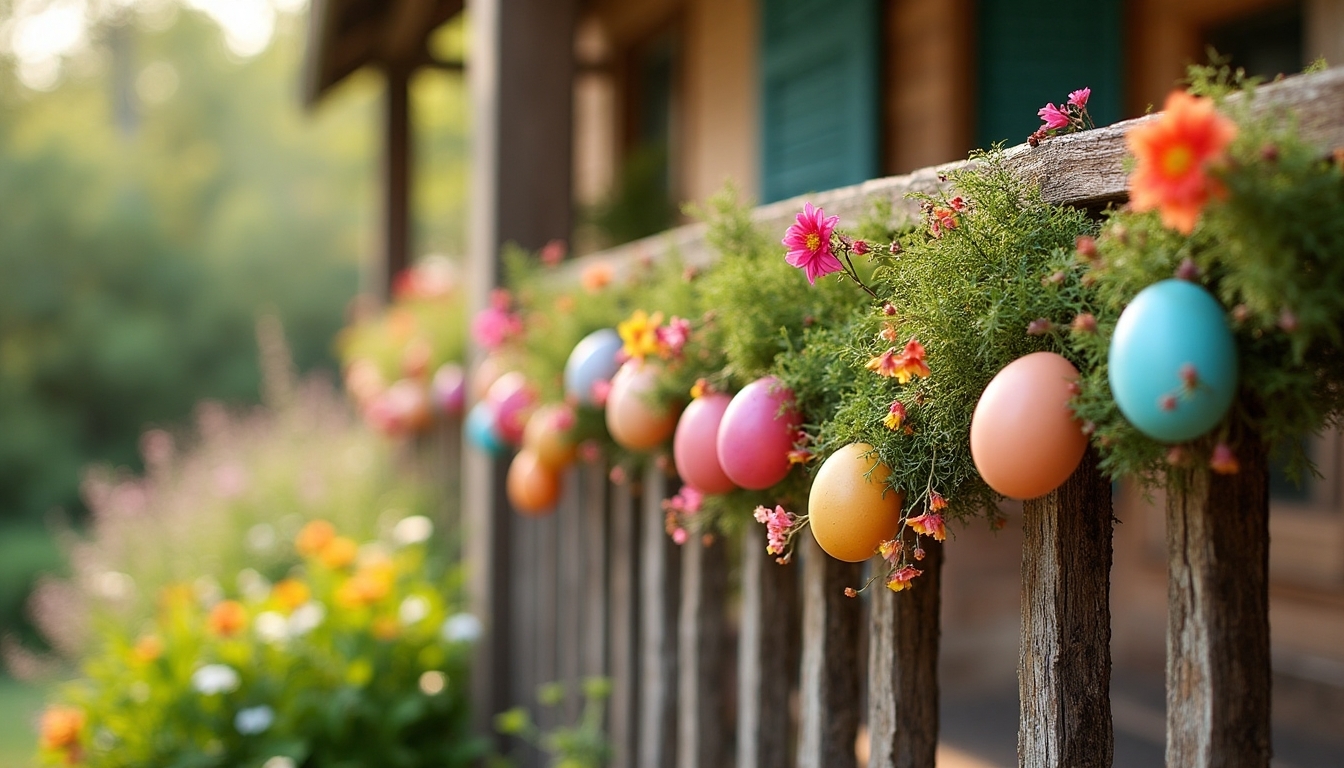 colorful egg garlands decorating porches