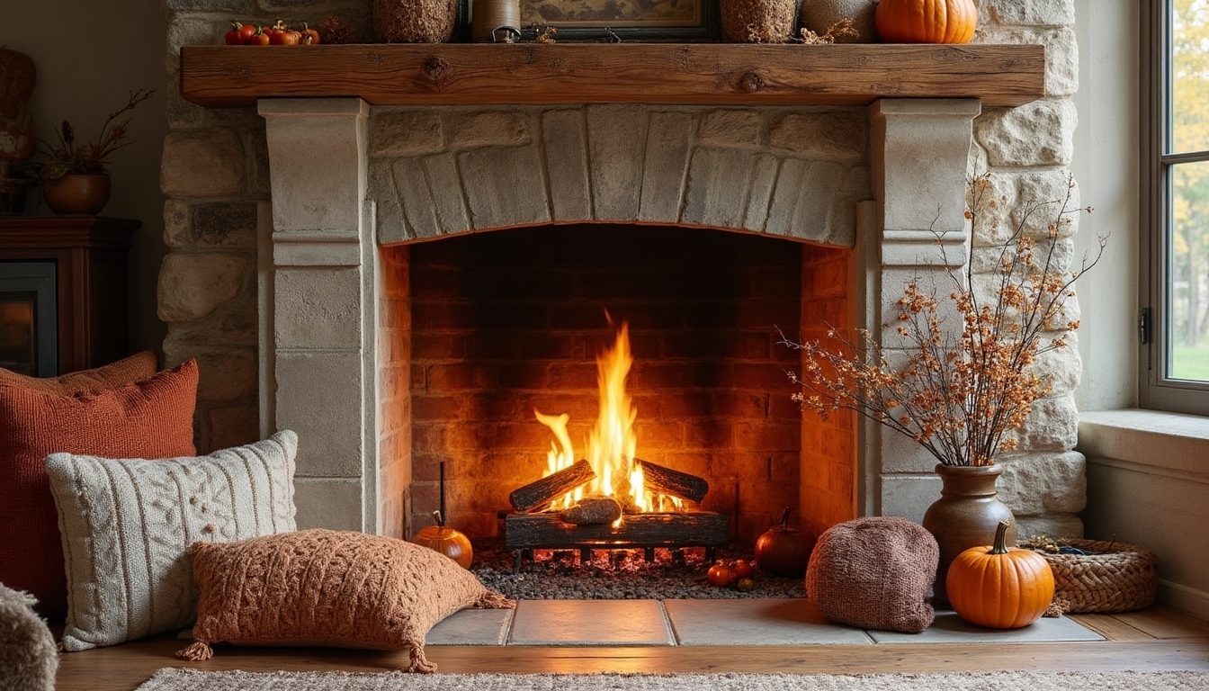 cozy fireplace textile decor