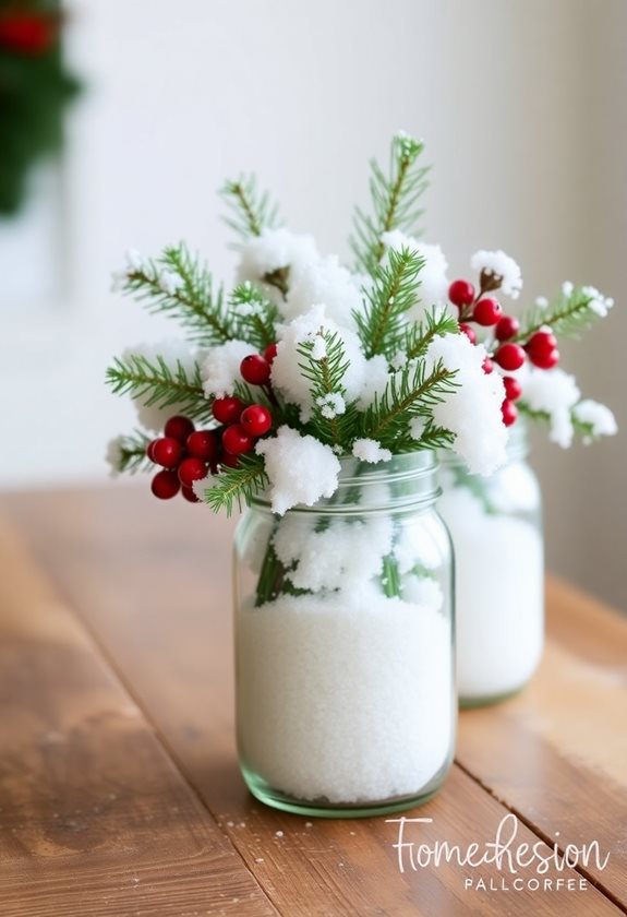 cozy snowy mason jar centerpiece