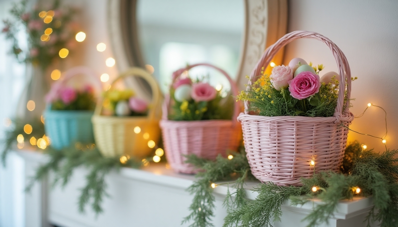 easter basket mantel display