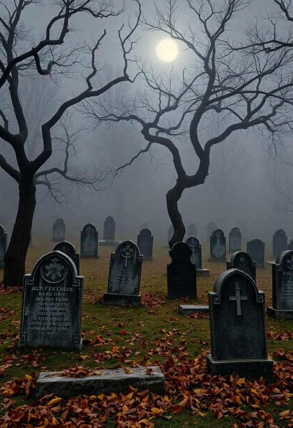 eerie cemetery fog scene