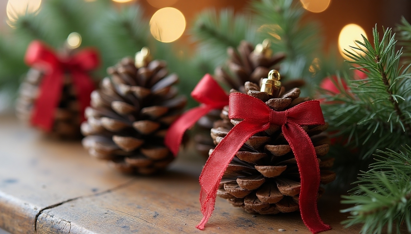 pinecone ornaments with ribbon