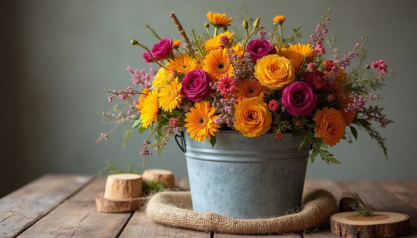rustic galvanized bucket arrangements