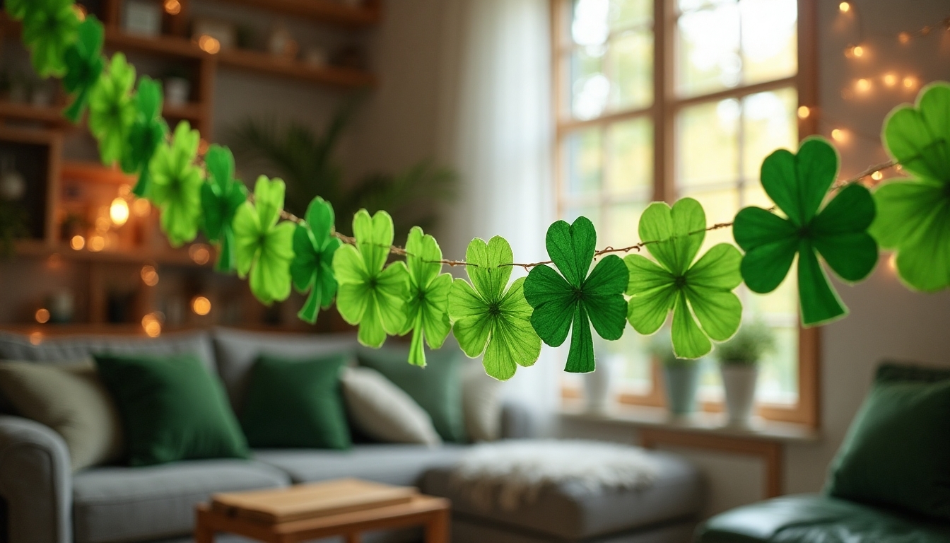 stringing shamrocks for decoration