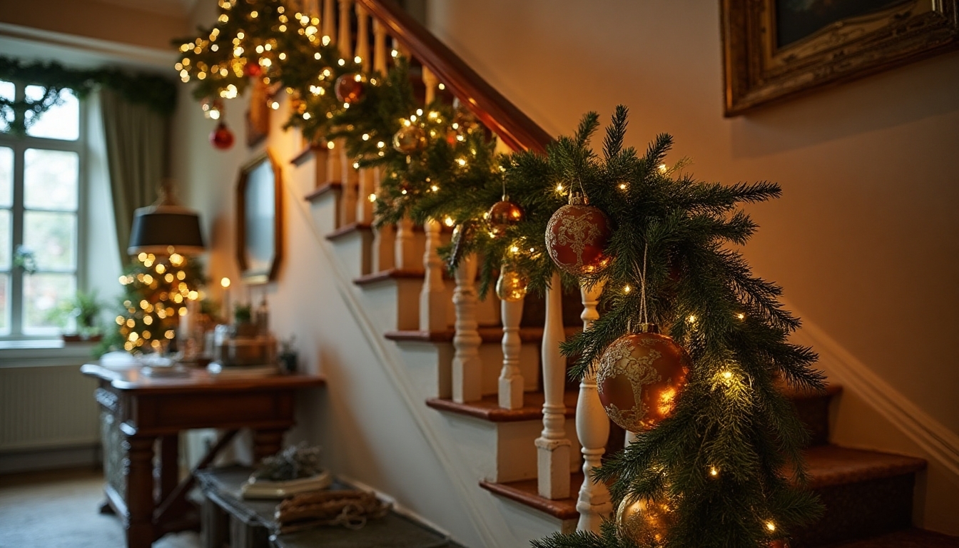 vintage christmas staircase decor
