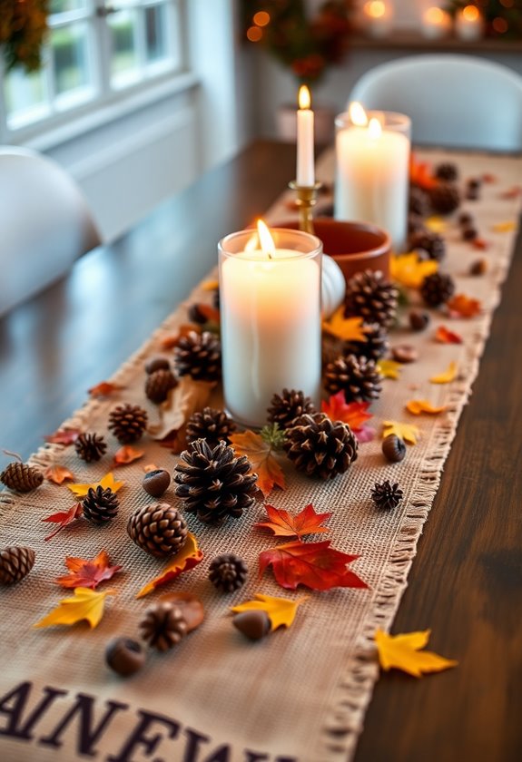 burlap runner with pine cones