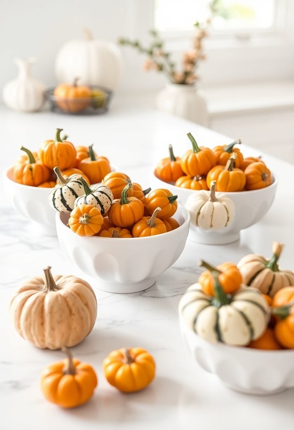 miniature pumpkins in vessels