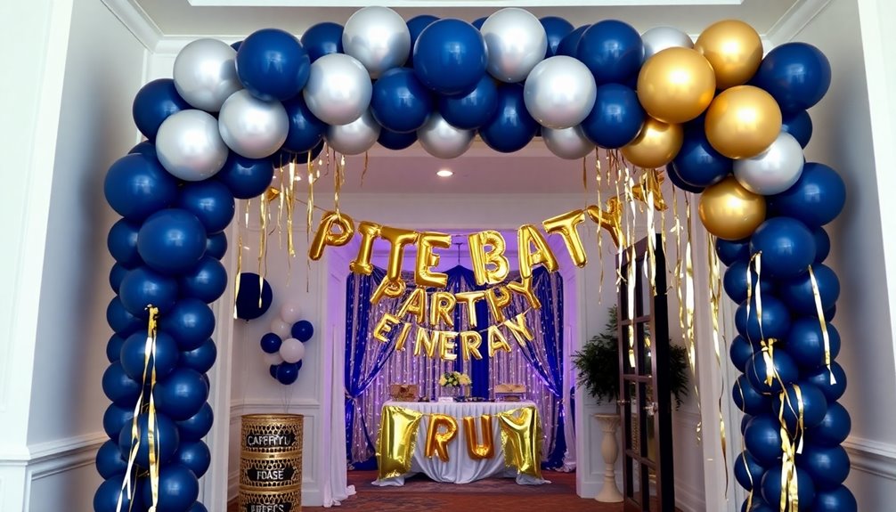 navy gold balloon arch