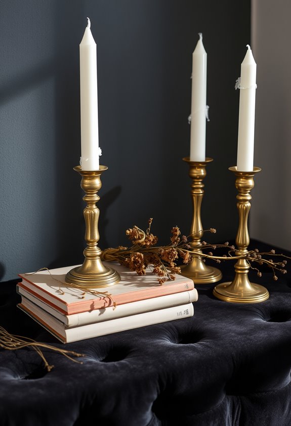 aged paper candles brass holders
