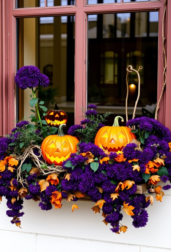 clustered lit pumpkin windowbox