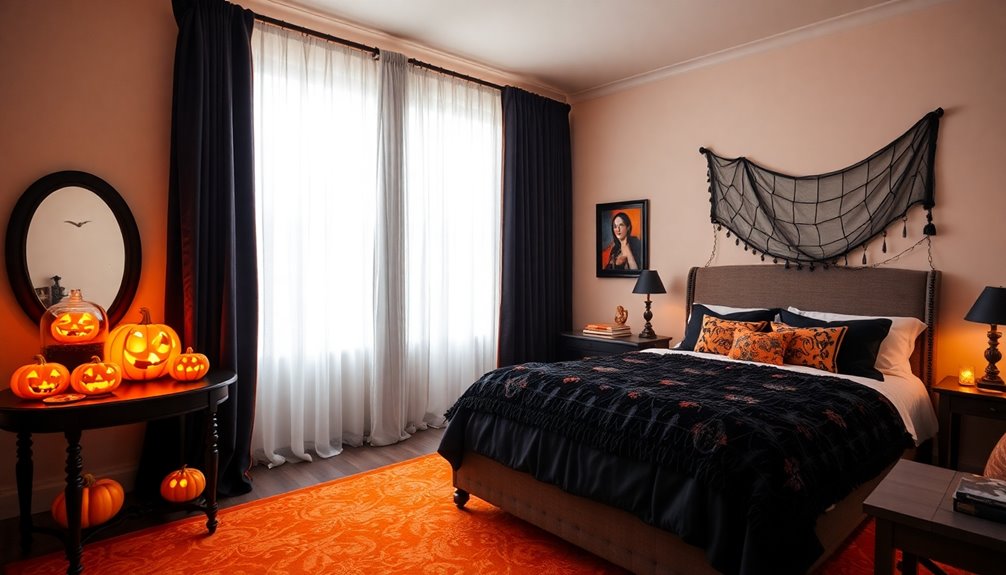 dark curtains anchored rug pumpkins