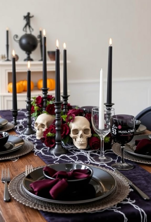 dark elegant layered halloween tablescape