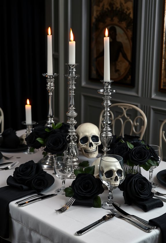 elegant monochrome spooky tablescape