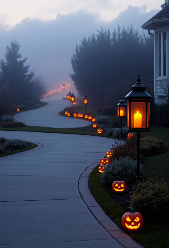 lantern lined spooky driveway displays