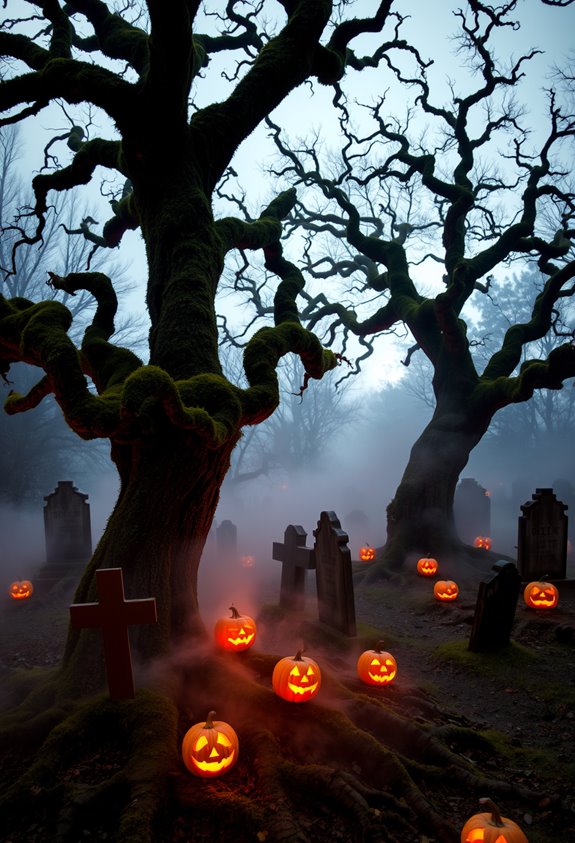 layered fog tombstones pumpkins