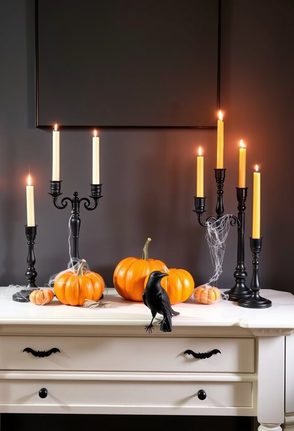 layered spooky console table vignette