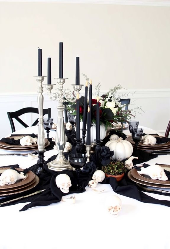 monochrome layered halloween tablescape