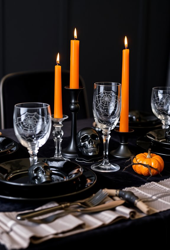 moody black and white haunted tableware