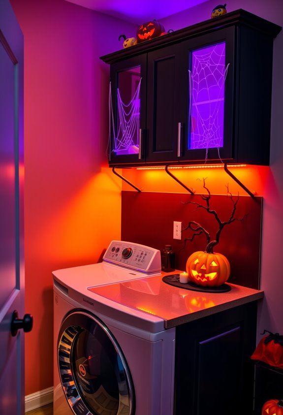 orange and purple cabinet lighting