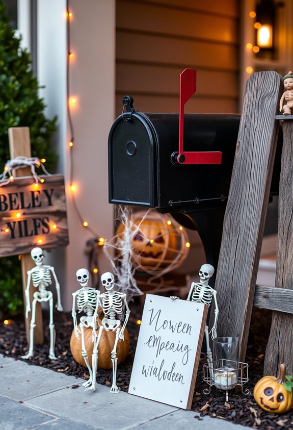 perched skeleton gripping mailbox