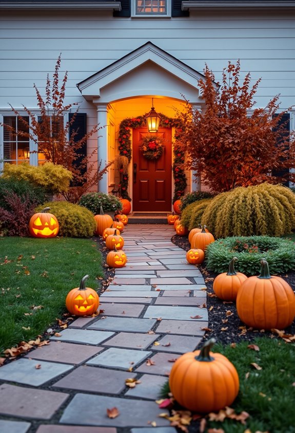 pumpkin lined illuminated driveway path