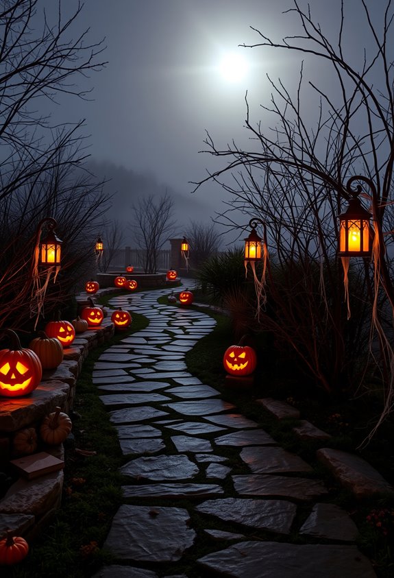 pumpkin lit foggy pathway decor