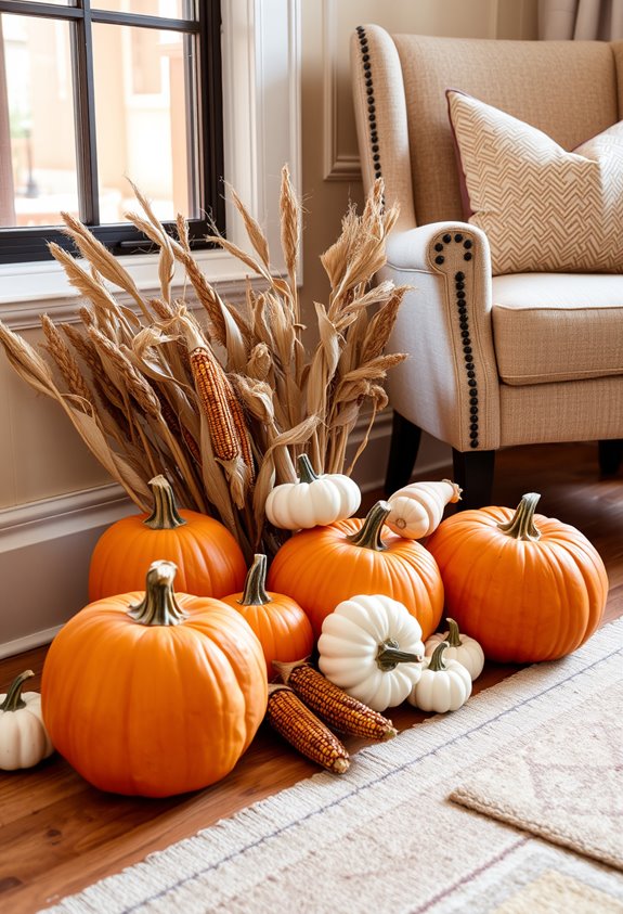 pumpkins and gourds decorating surfaces