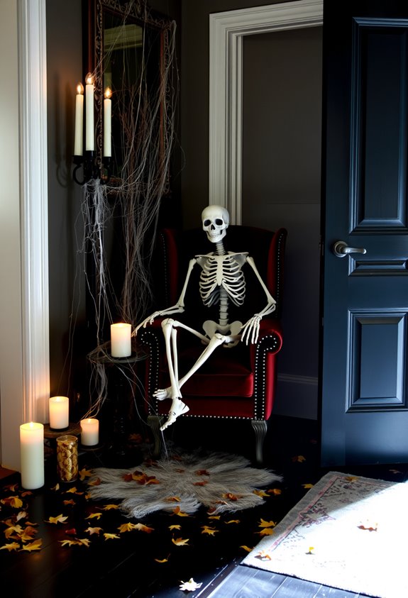 staged skeleton vignette with props