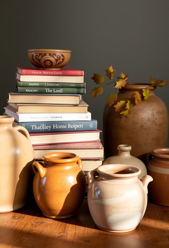 vintage books and pottery