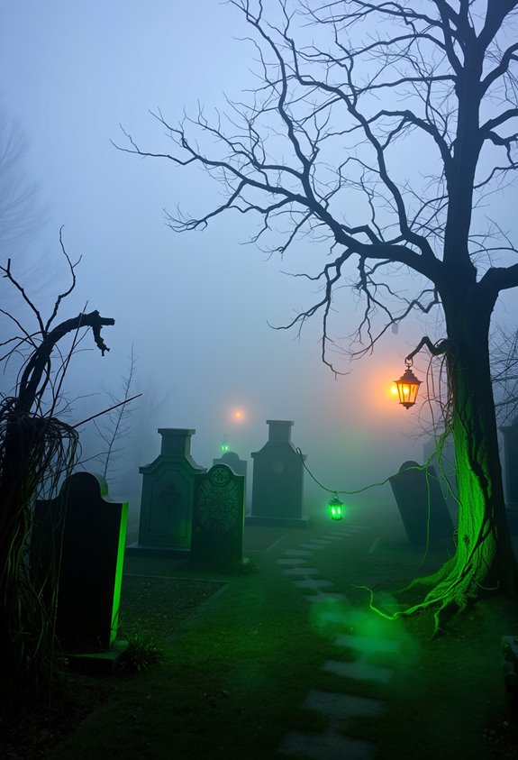 weathered tilted tombstones webs