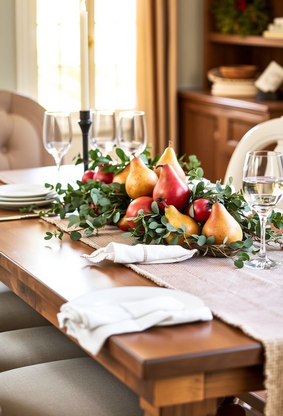 woven linens greenery fruit